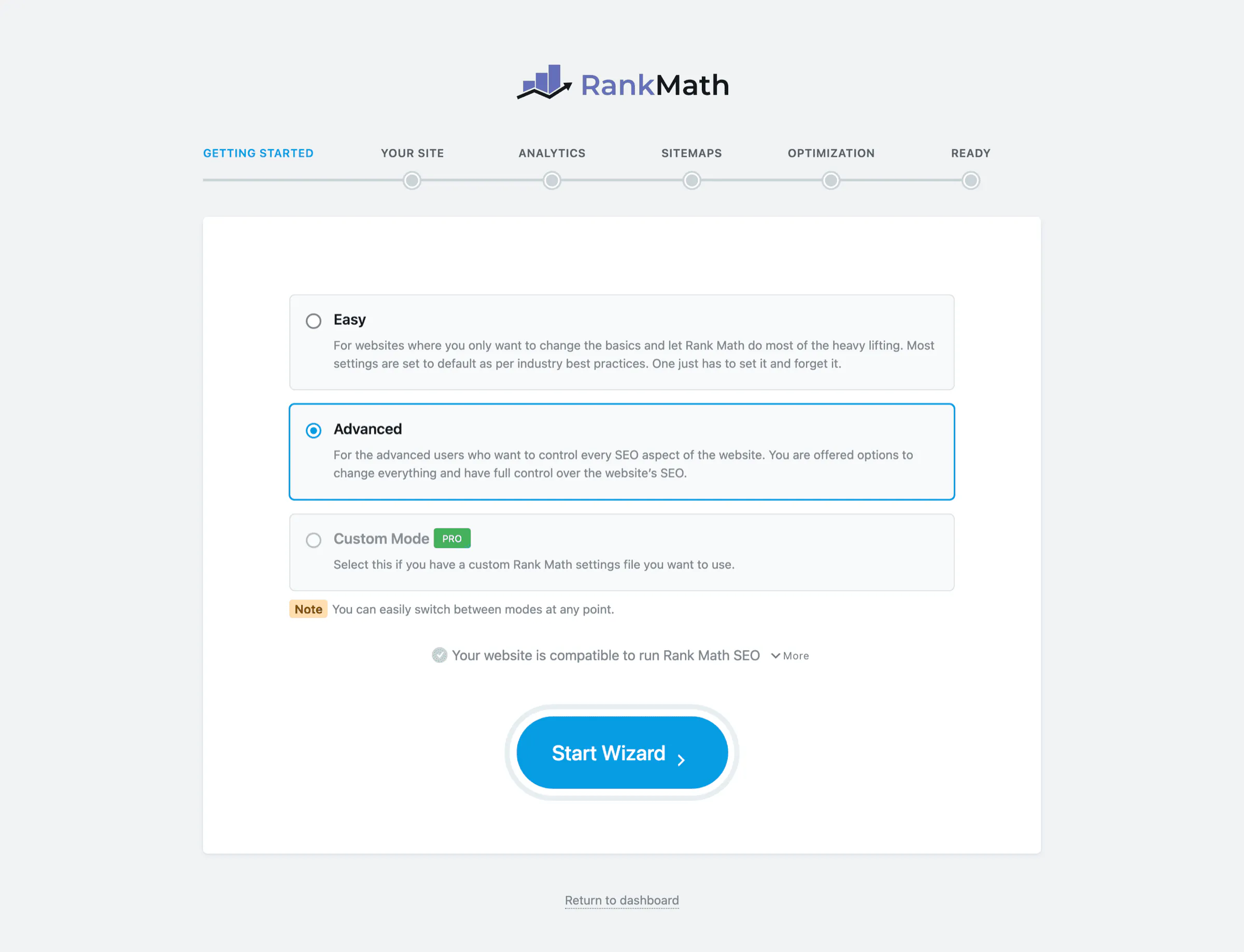 Rank Math SEO setup wizard first screen, which must be completed before the plugin outputs any metadata