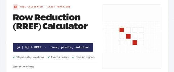 Row reduction RREF calculator with exact fractions, rank and pivot columns