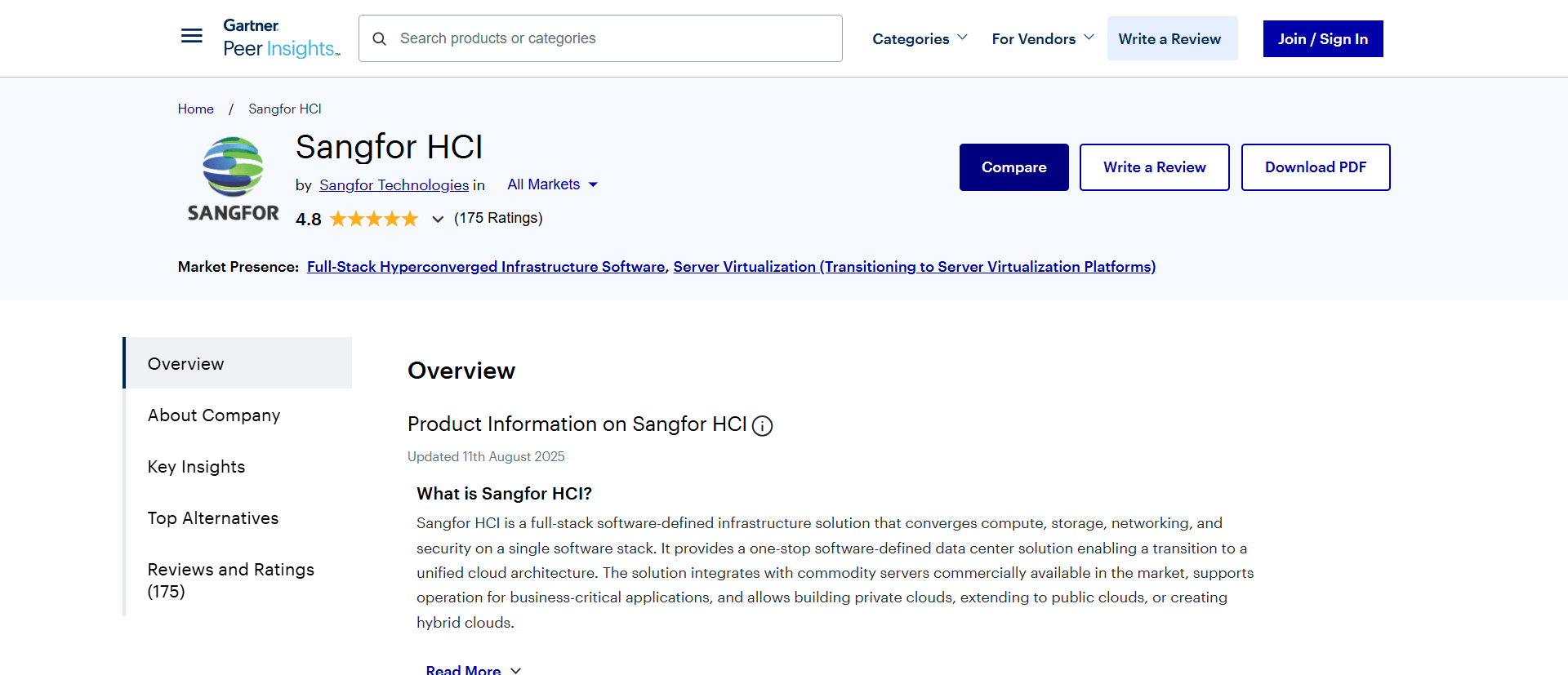 Sangfor HCI rated 4.8 out of 5 from 175 ratings on Gartner Peer Insights