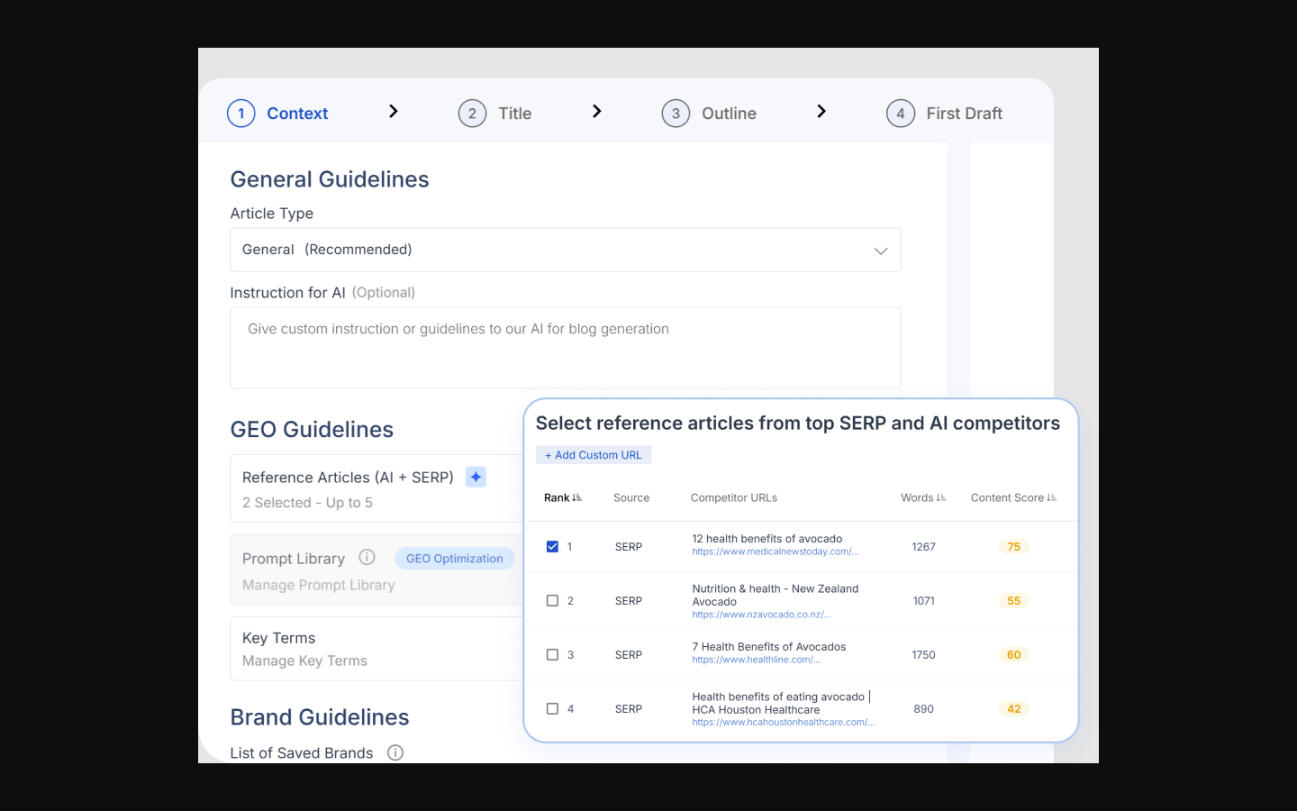 Scalenut Cruise Mode context screen for selecting SERP and AI competitor reference articles