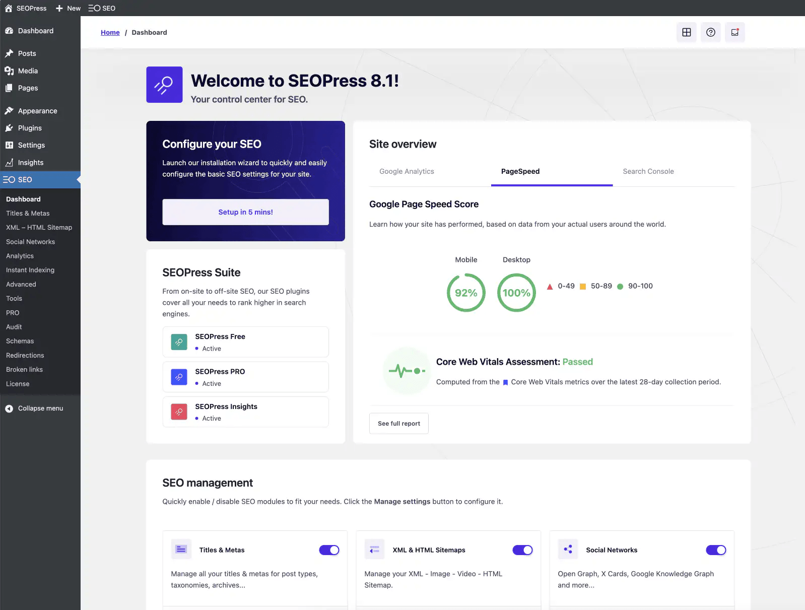 SEOPress dashboard in WordPress with SEO modules and PageSpeed overview
