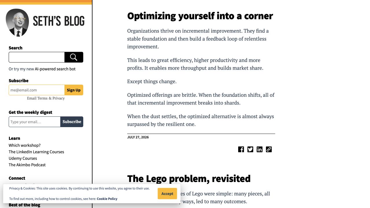 Seth's Blog homepage showing current short-form marketing and creative-business posts.