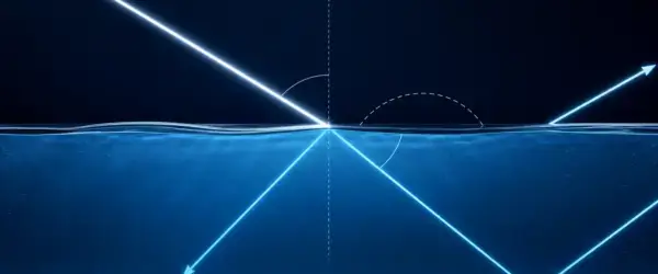 Light refracting and reflecting at an optical boundary for Snell's law.