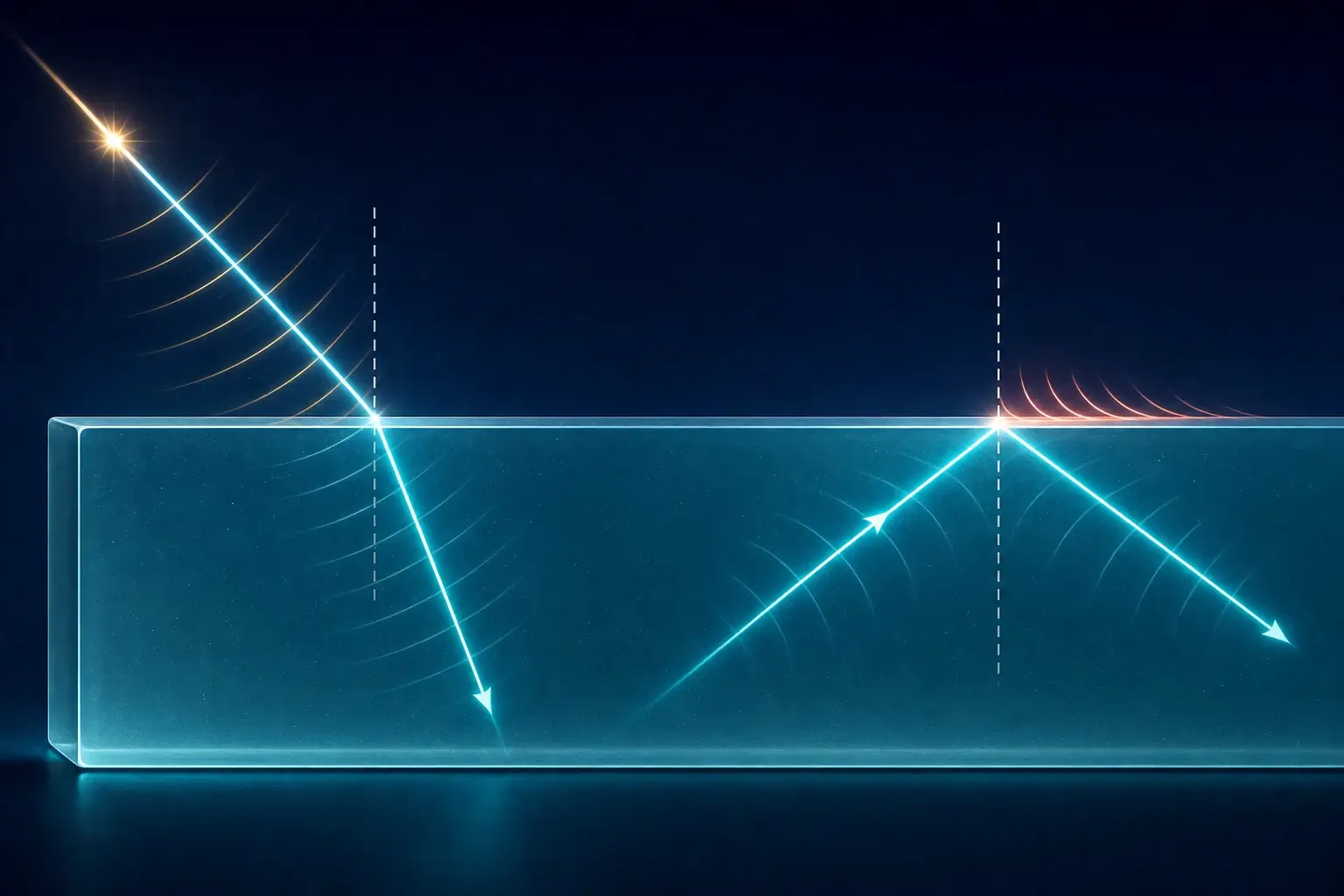 Snell's law showing refraction toward the normal and total internal reflection