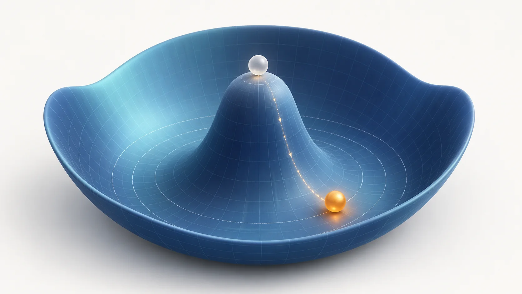 Spontaneous symmetry breaking shown by a ball leaving a symmetric unstable point and choosing one minimum