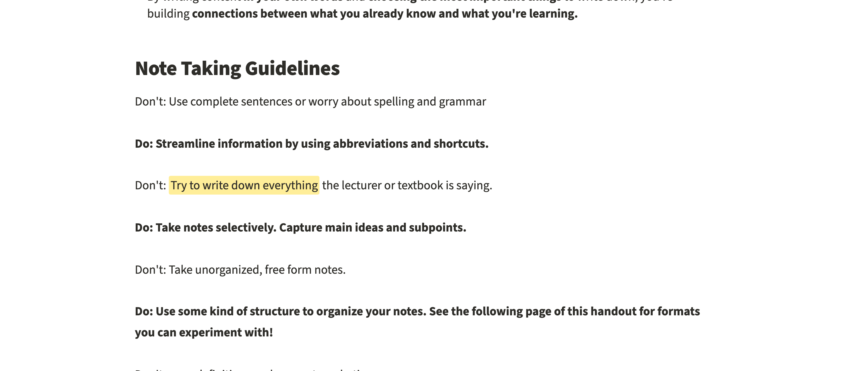 Stanford note-taking guide highlighting the warning not to write down everything a lecturer says