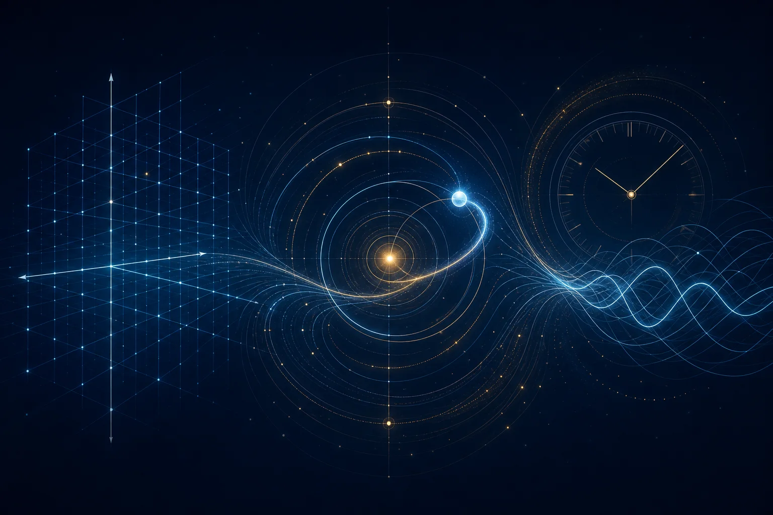 Symmetry in physics represented by spatial translation, rotation, time, and waves