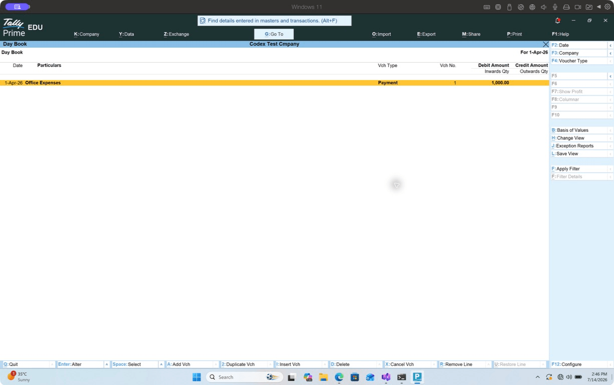 TallyPrime Day Book confirming the Rs 1,000 payment voucher on a Mac virtual machine