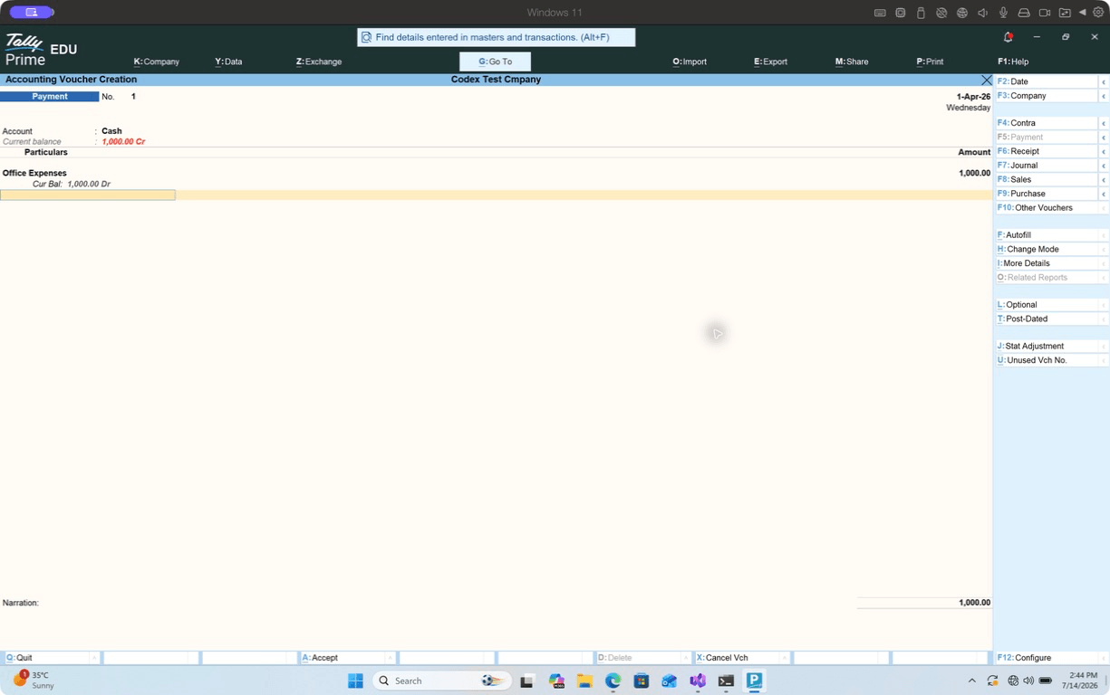 A Rs 1,000 payment voucher entered while running TallyPrime on Mac through Parallels