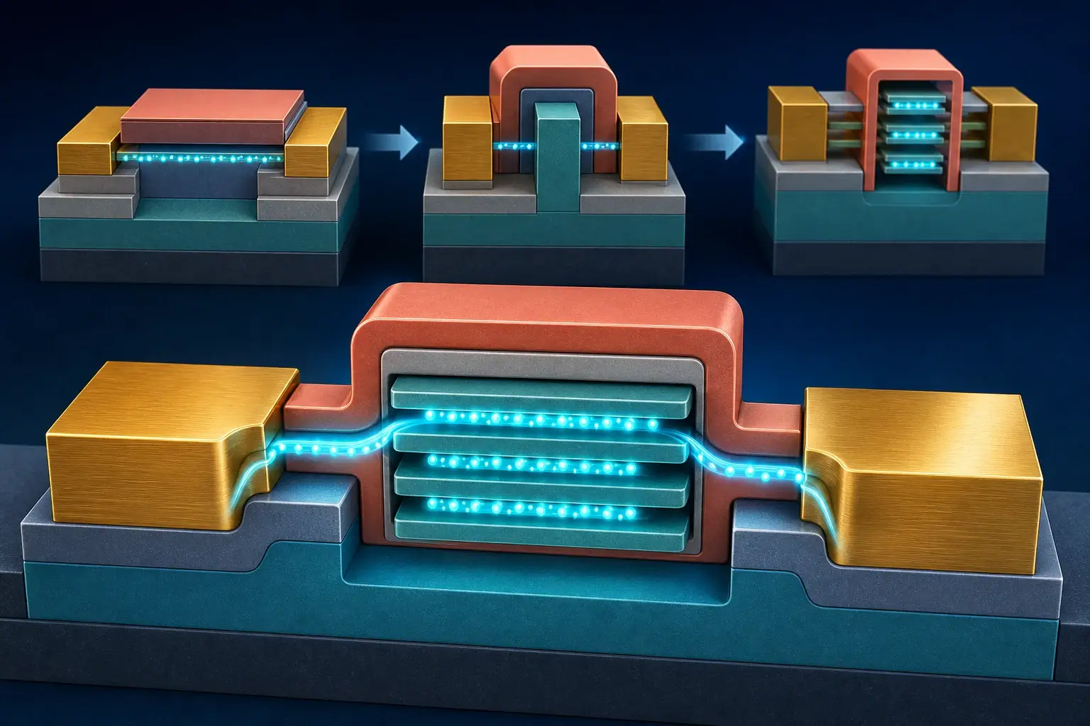 Modern transistor evolution from planar MOSFET to FinFET and gate-all-around nanosheet