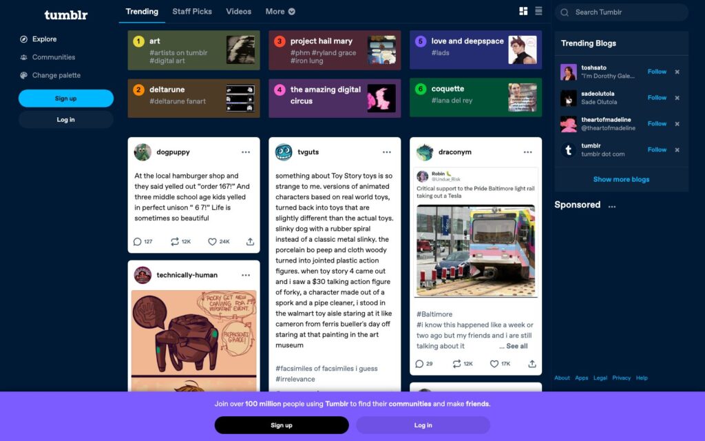 Tumblr dashboard homepage as a free personal blog site for microblogging
