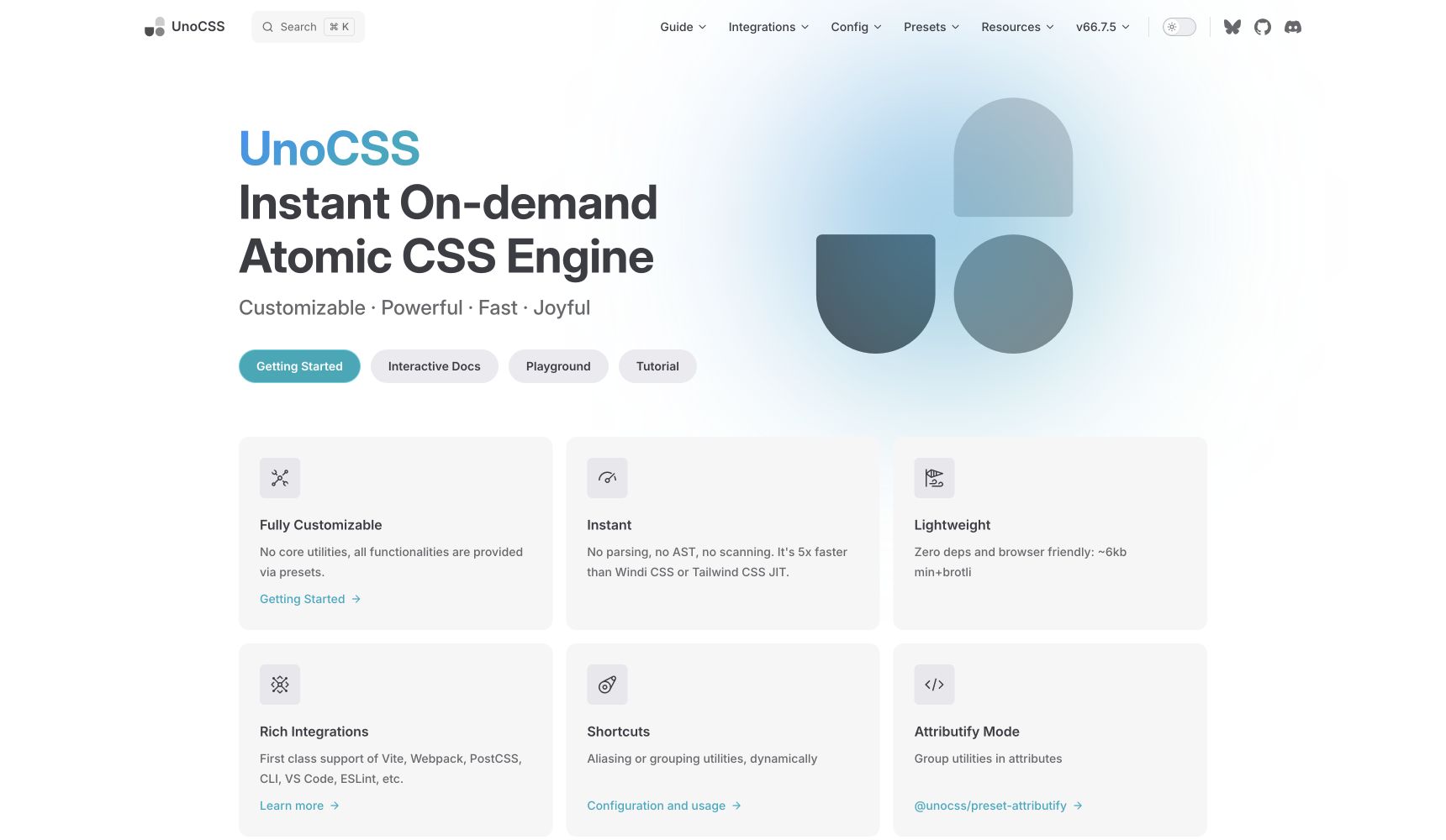 UnoCSS official homepage showing its on-demand atomic CSS engine