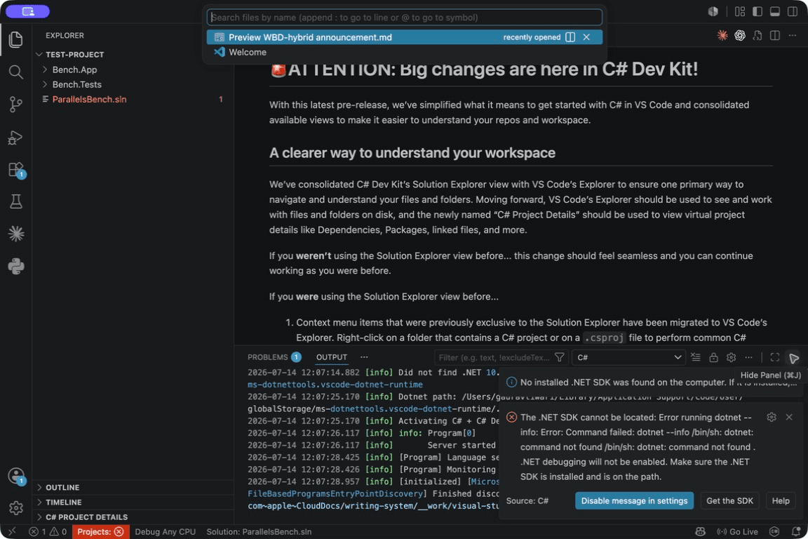 C# Dev Kit reporting that no .NET SDK was found even though the SDK worked in Terminal