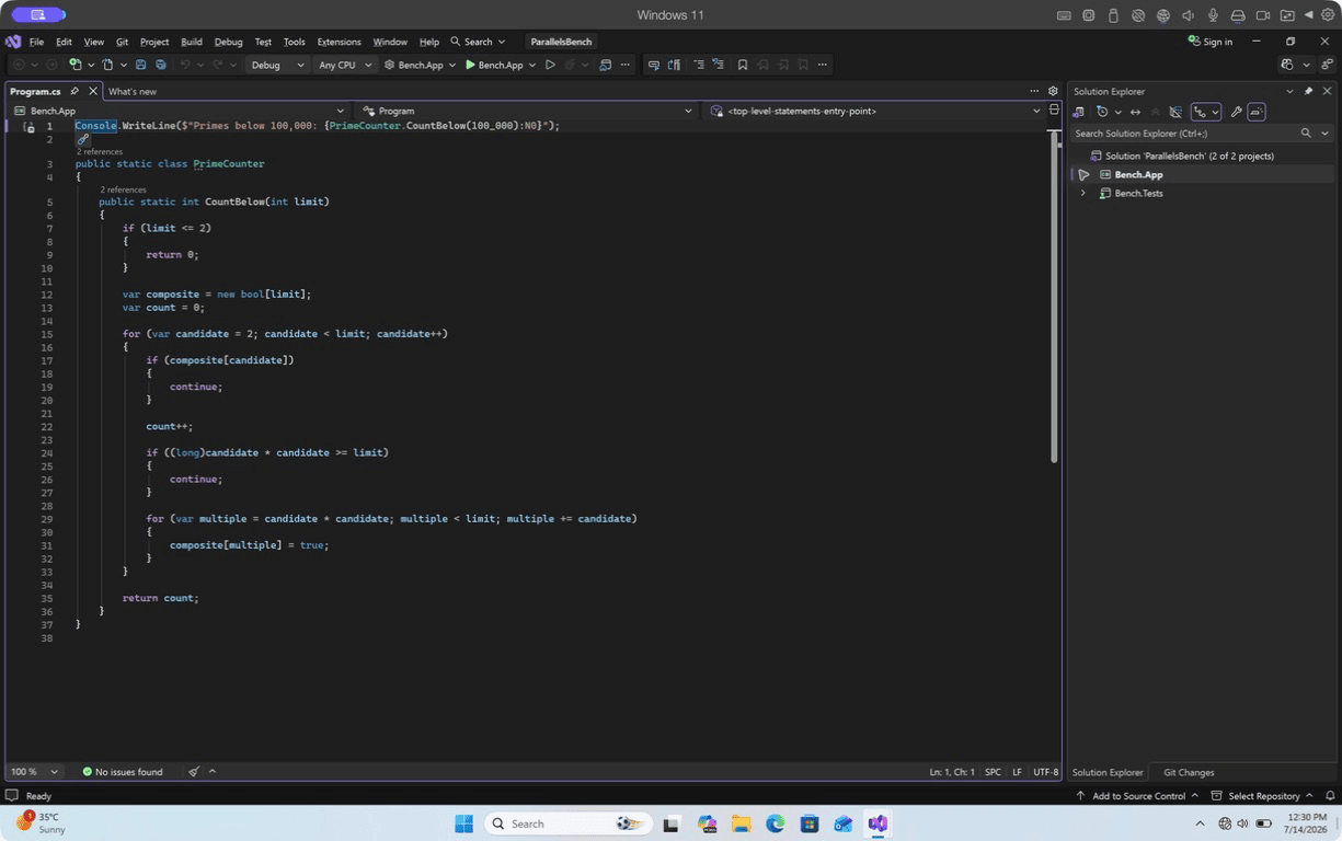 Visual Studio Community 2026 running the tested .NET 10 solution in Windows 11 ARM through Parallels