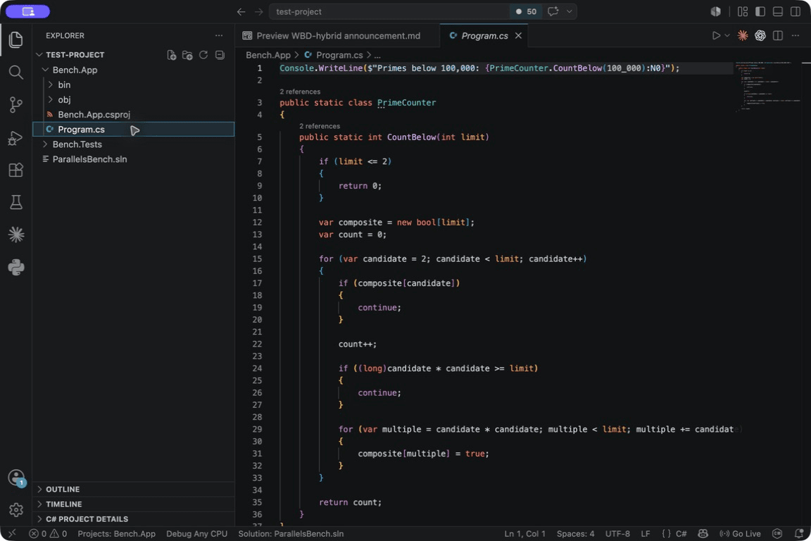 Visual Studio Code on macOS with the tested .NET 10 solution loaded