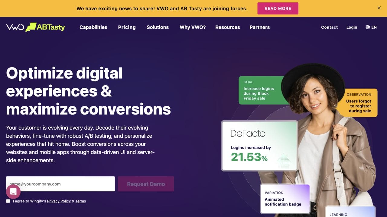 VWO homepage for web experimentation and personalization with VWO and AB Tasty joining forces announcement