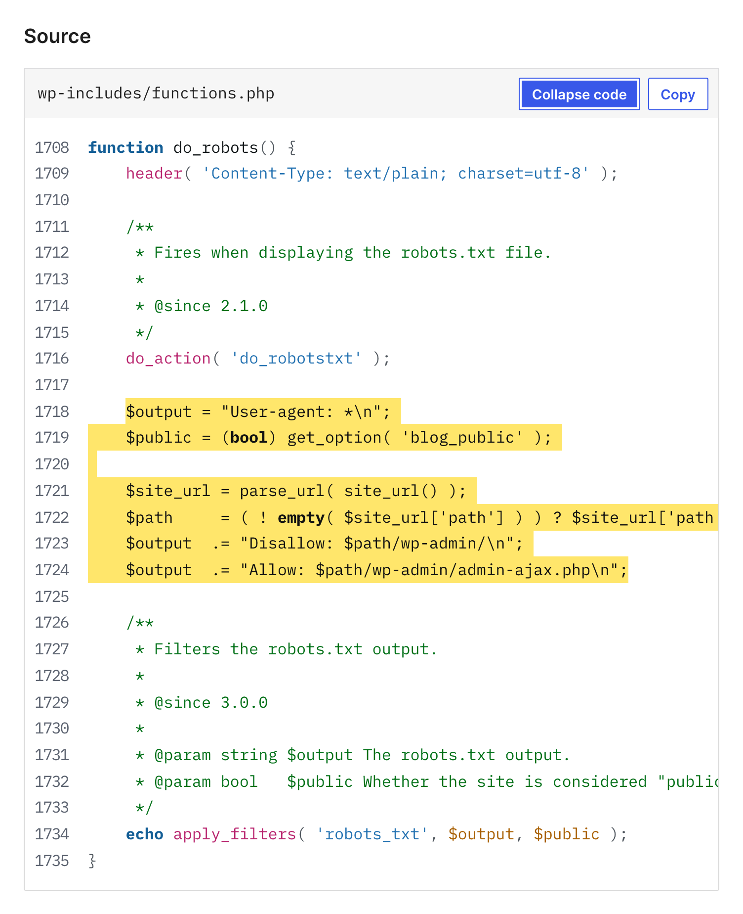 WordPress Core do_robots source highlighting wp-admin and admin-ajax rules