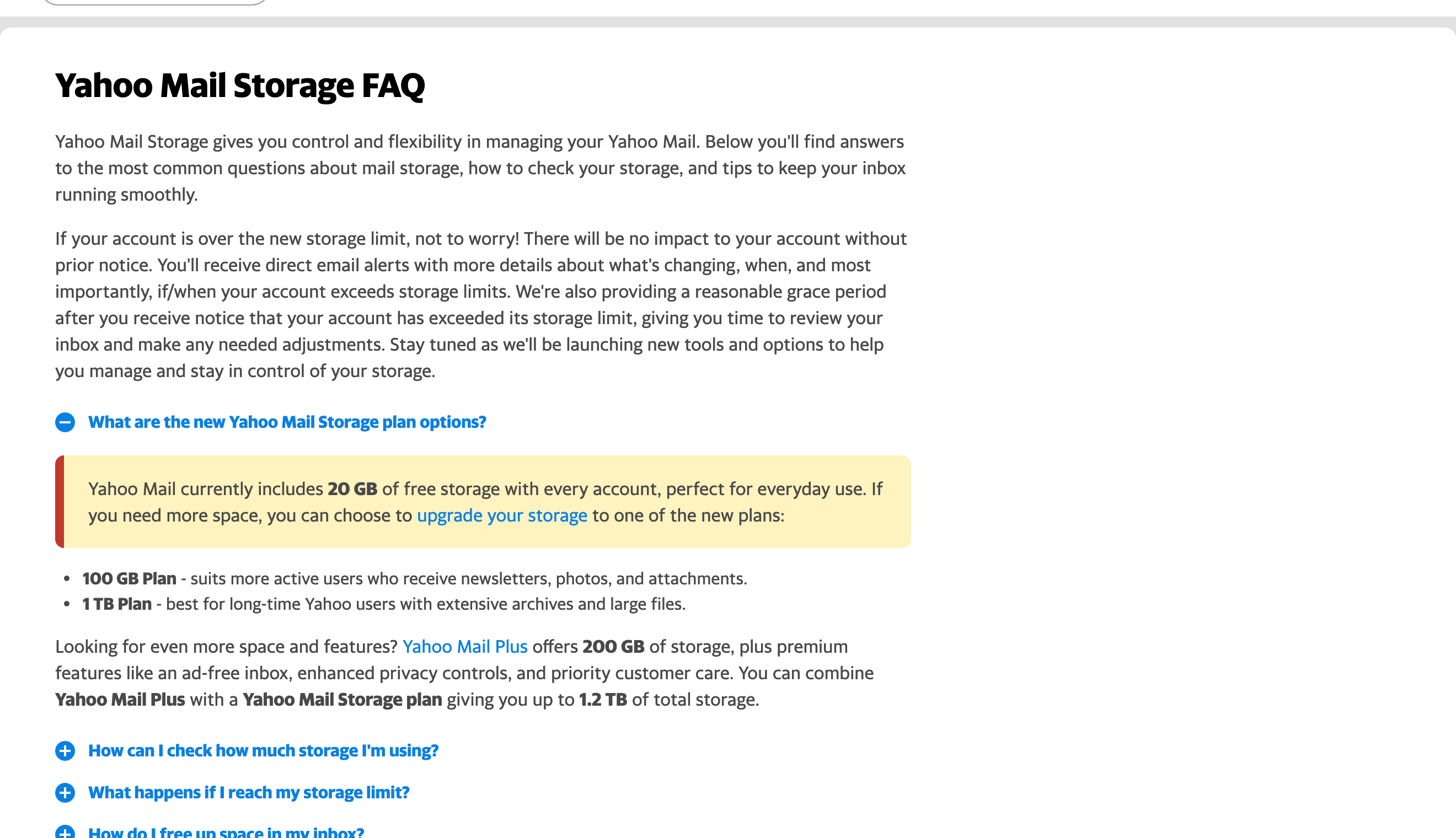 Yahoo Mail Storage FAQ showing 20 GB of free storage and paid 100 GB and 1 TB options.
