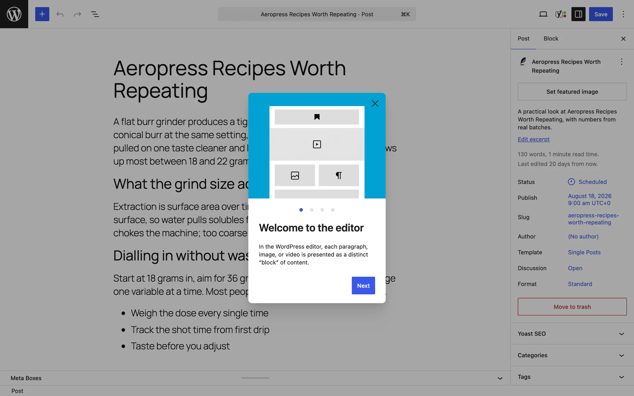 WordPress block editor with the Yoast SEO sidebar open showing the SEO analysis and readability analysis for a post