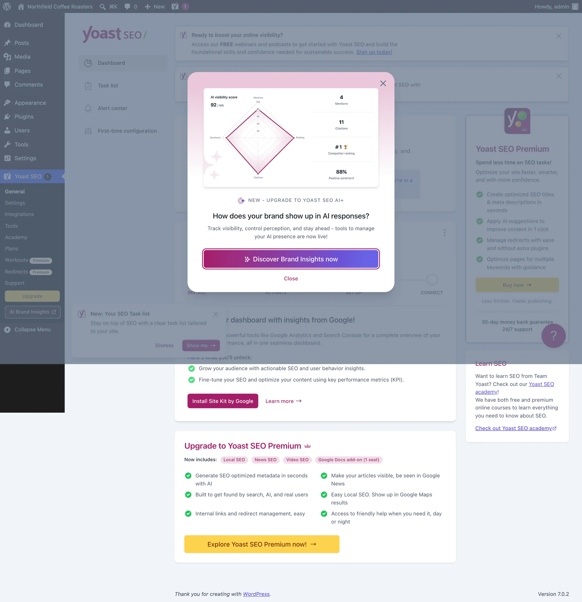 Yoast SEO free dashboard showing Premium badges on Workouts and Redirects plus an Upgrade button in the sidebar