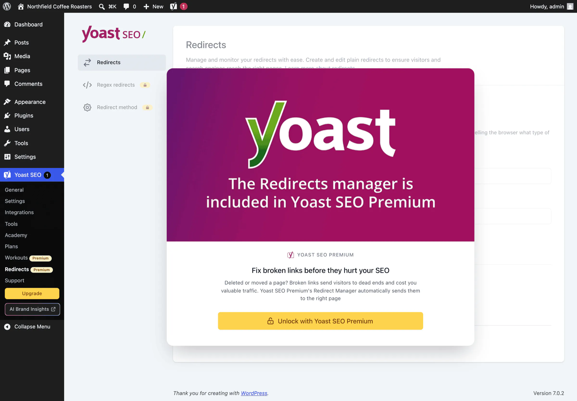 Yoast SEO free version showing a full-screen modal reading The Redirects manager is included in Yoast SEO Premium with an Unlock with Yoast SEO Premium button