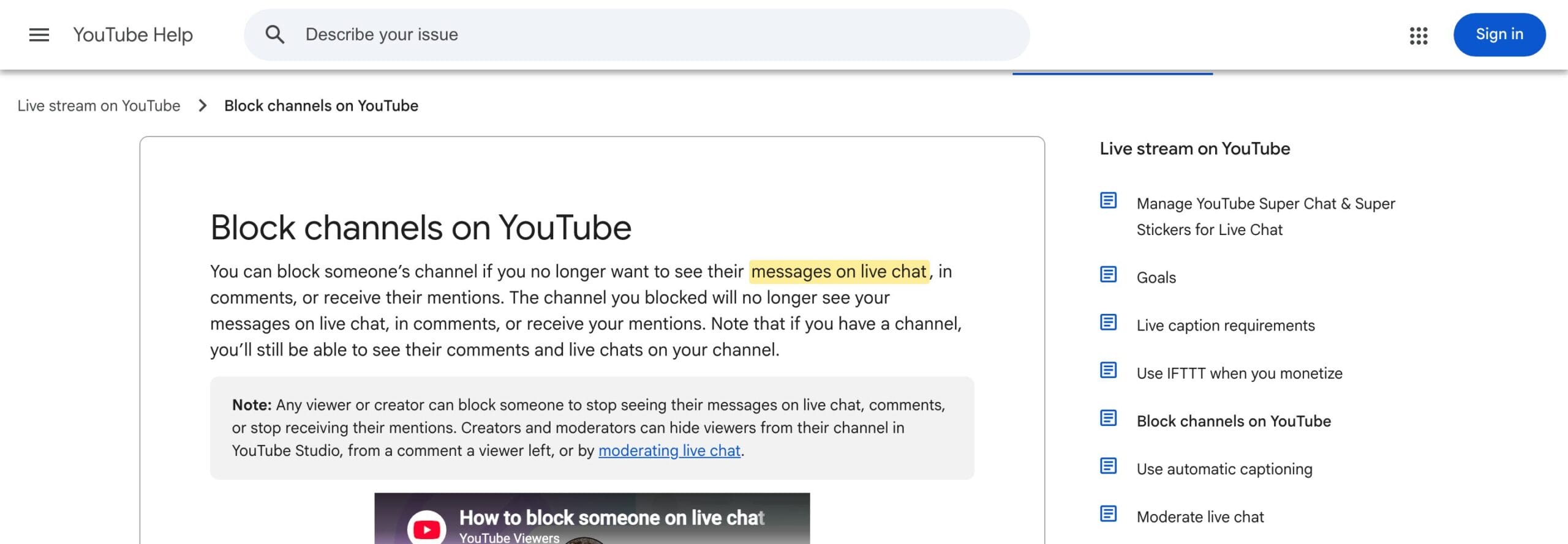 YouTube Help page explaining that blocking a channel stops live-chat messages, comments, and mentions rather than removing public videos.