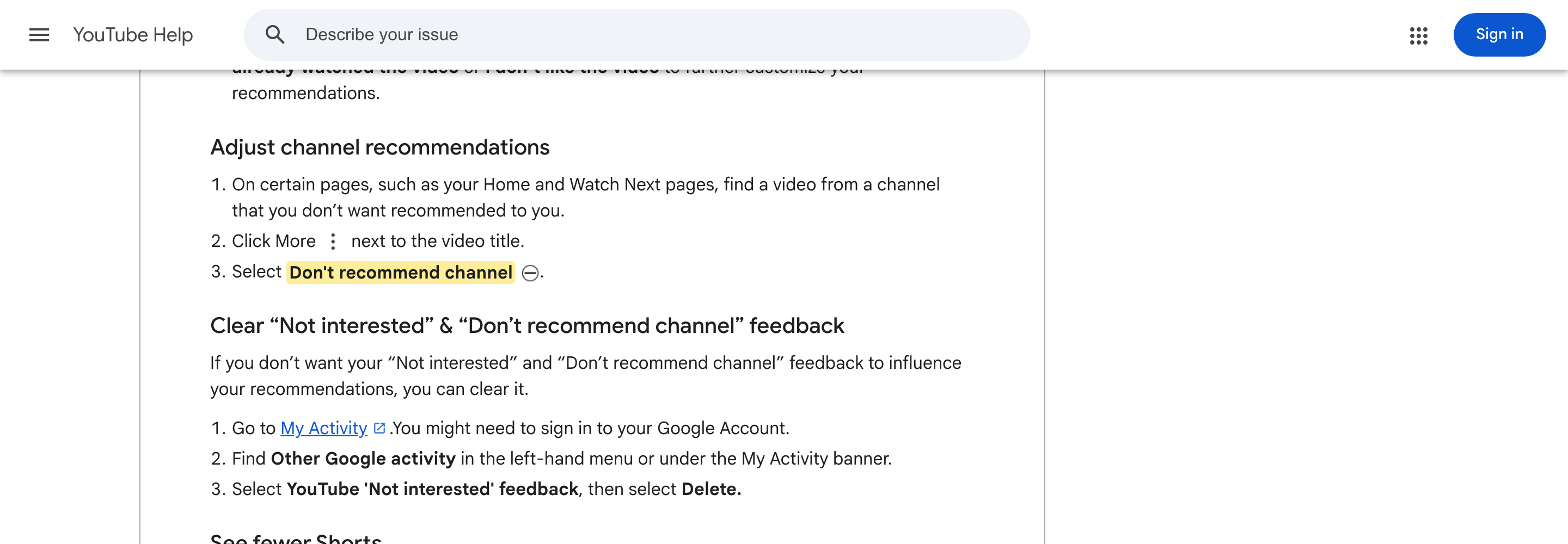 YouTube Help instructions showing where to select Don't recommend channel on Home or Watch Next.
