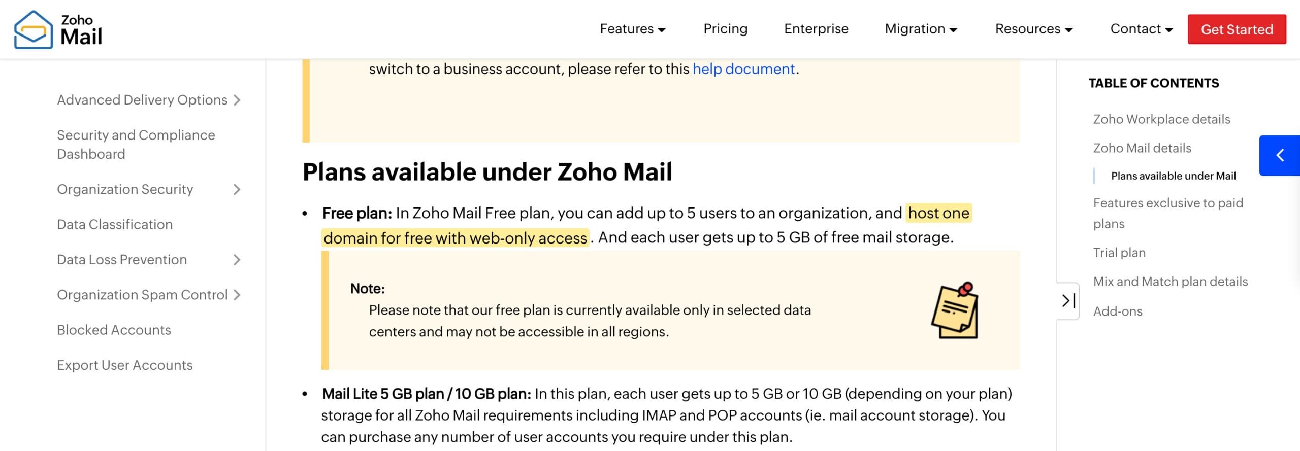 Zoho Mail help page showing free custom-domain email for up to five users with 5 GB each and selected-data-center availability.