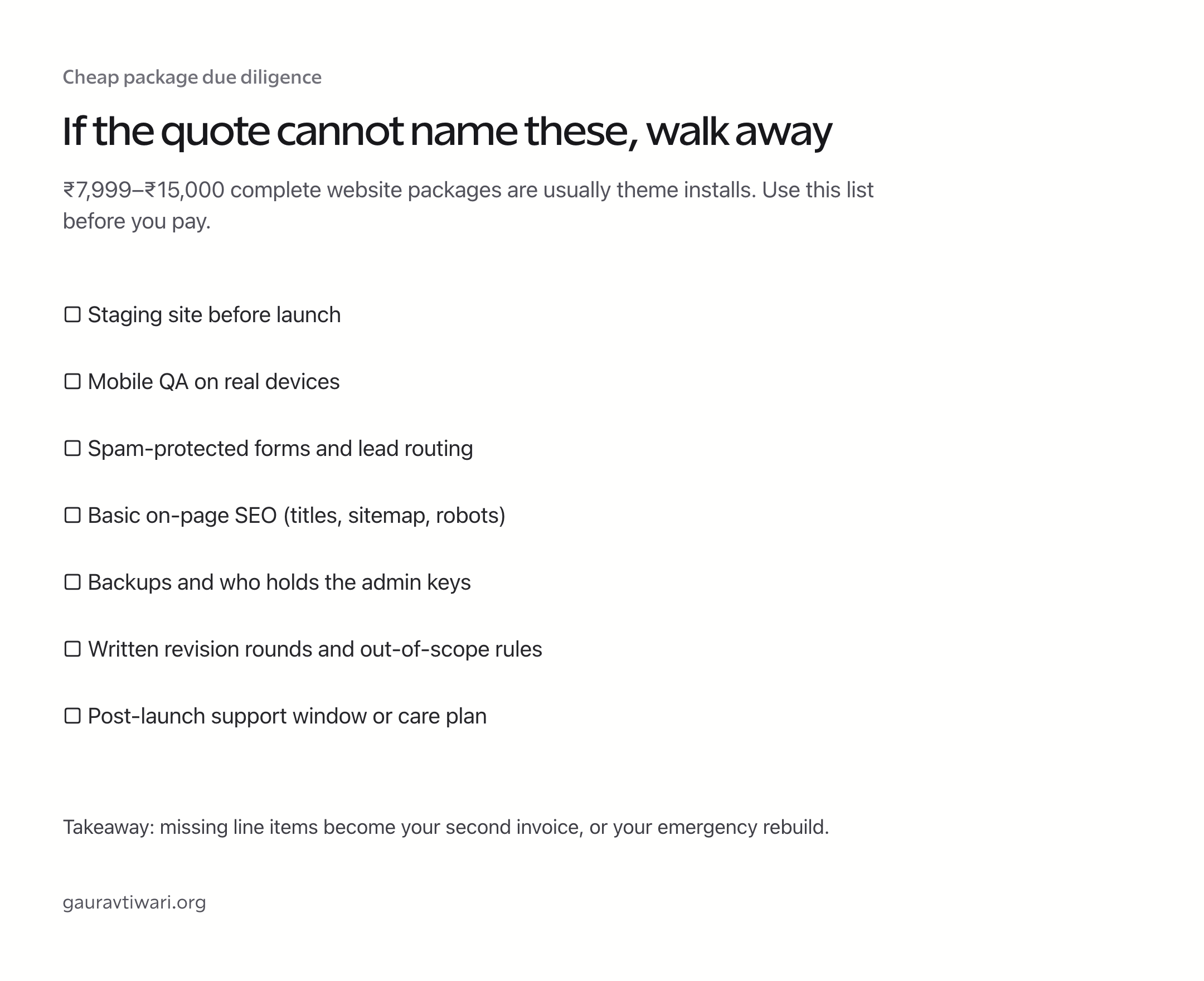 Checklist of staging, mobile QA, SEO, backups, revisions, and support items missing from cheap complete website packages.