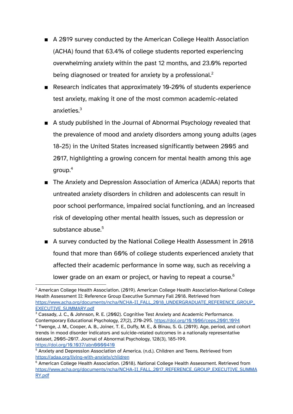 Sample page discussing student anxiety research and practical context