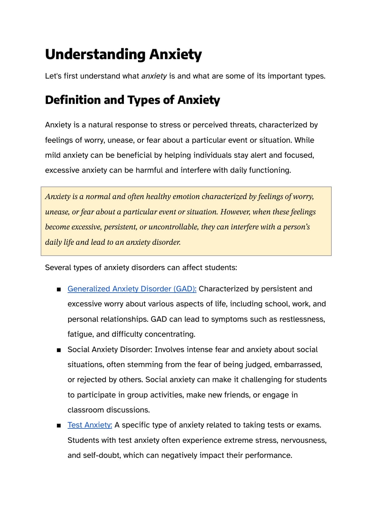 Sample page explaining the main types of anxiety students experience