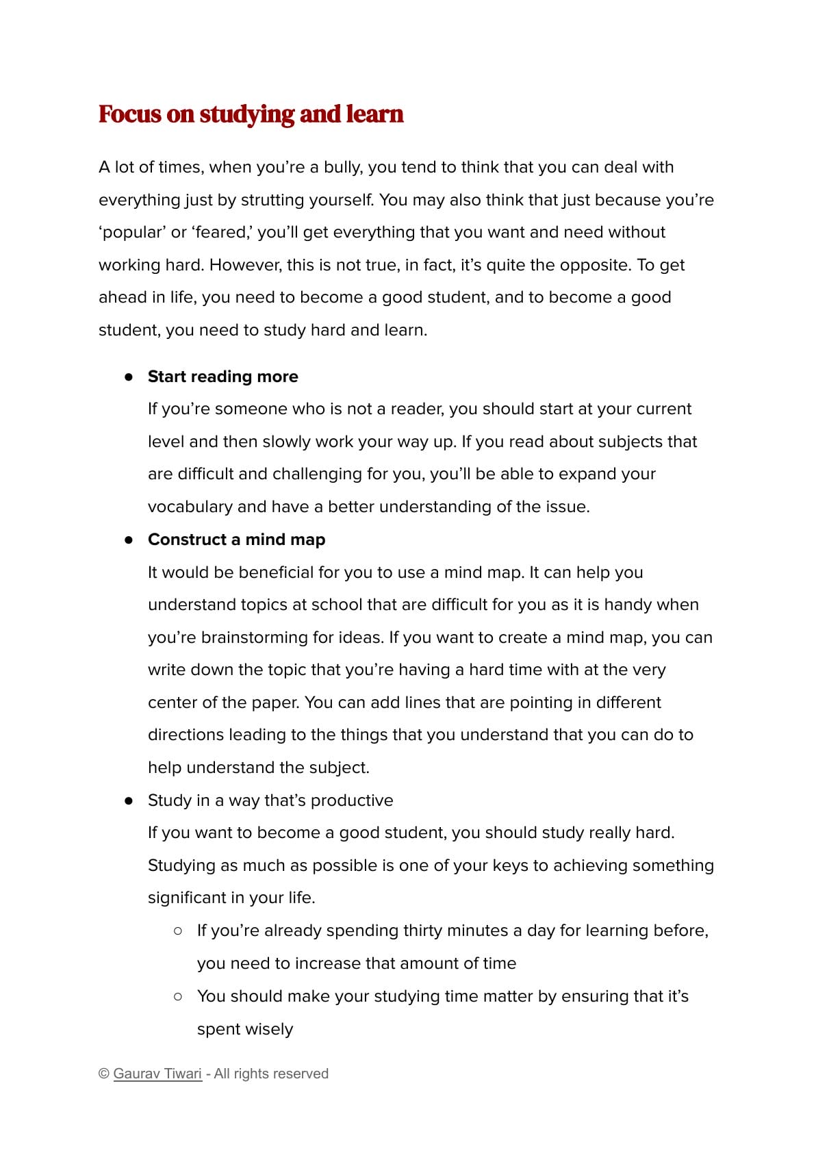 Sample page about refocusing on studying and learning after bullying