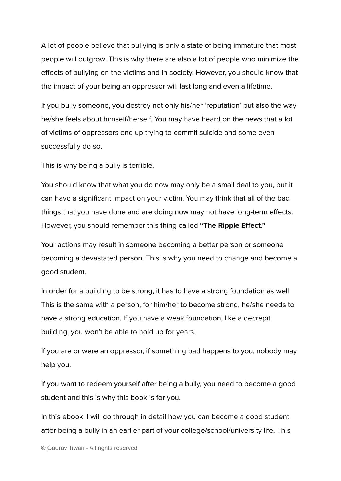 Sample page explaining the long-term effects of bullying