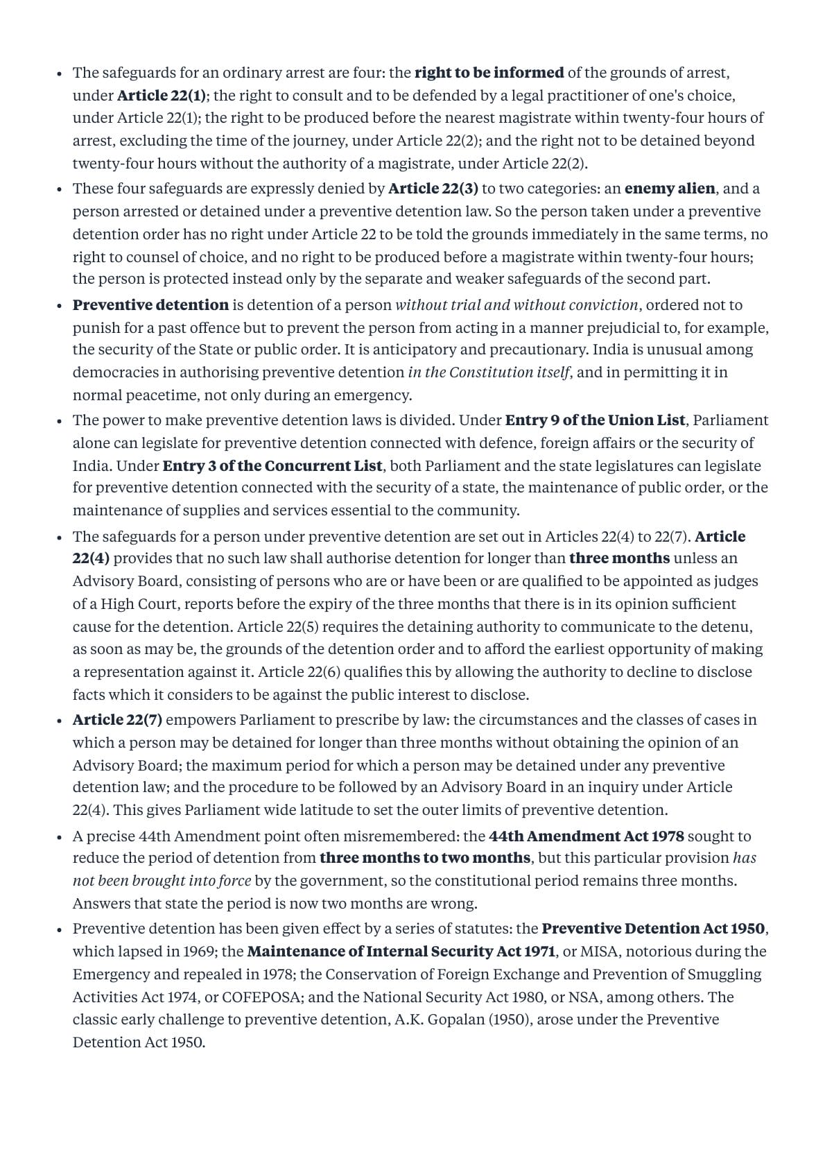 Indian polity notes page explaining Article 22 and preventive detention