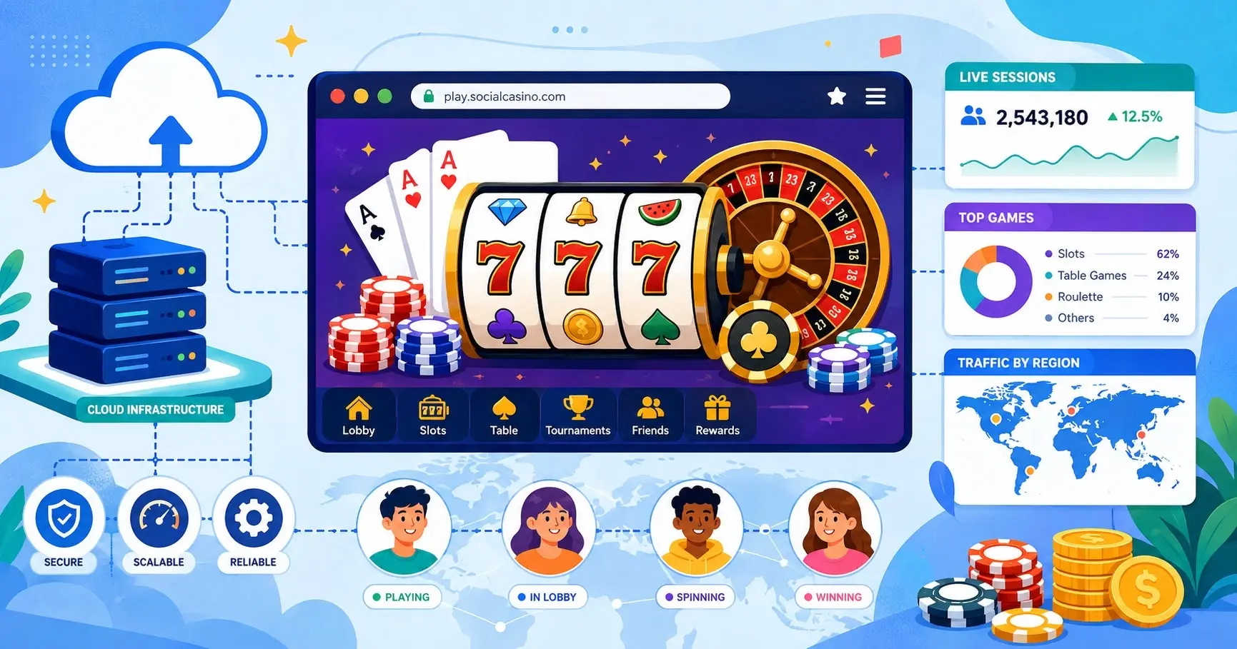 Social Casino Platforms Featured Image Showing Graphs, People etc.