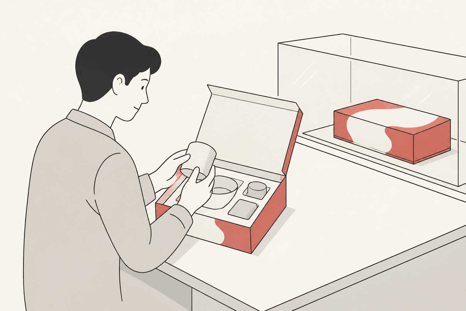 An opened and handled product box on a work table beside an identical sealed box locked behind display glass