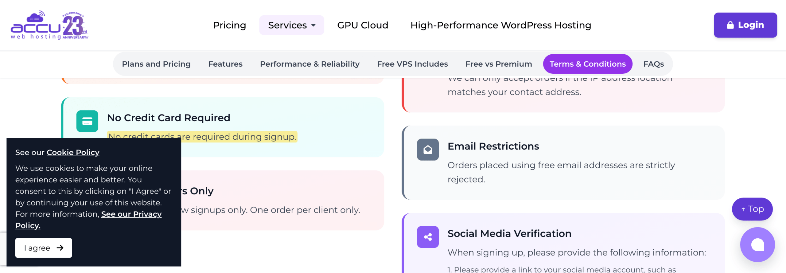AccuWebHosting Windows VPS trial terms showing that no credit card is required