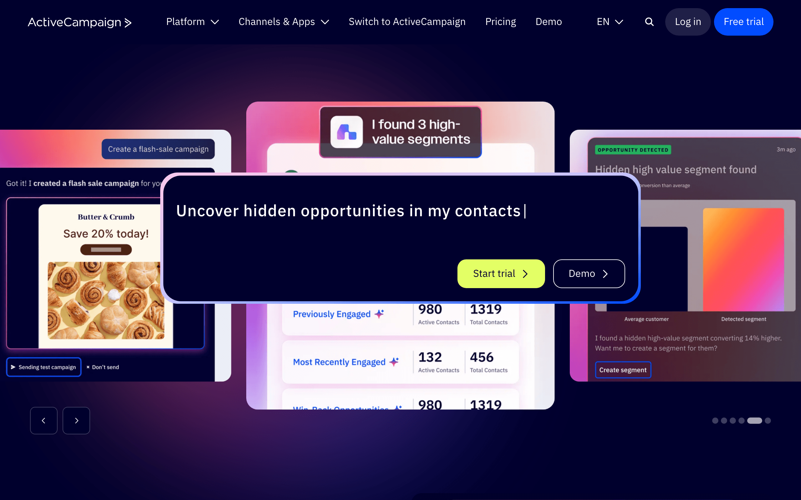 ActiveCampaign homepage showing AI-driven segments and automation