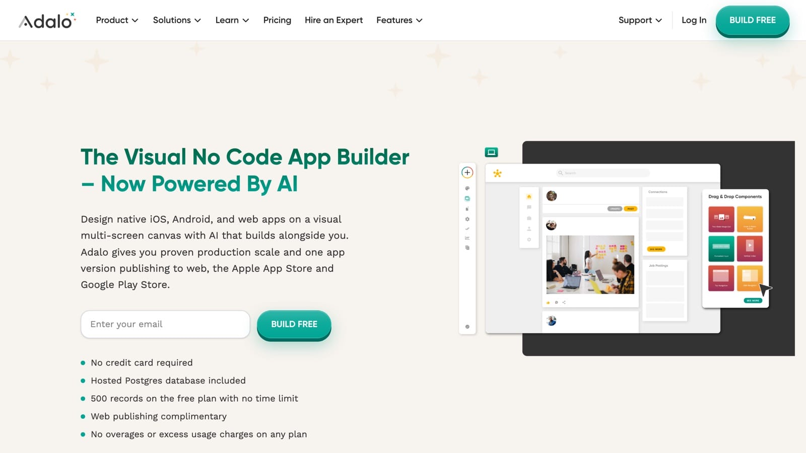 Adalo home page describing its visual canvas app builder