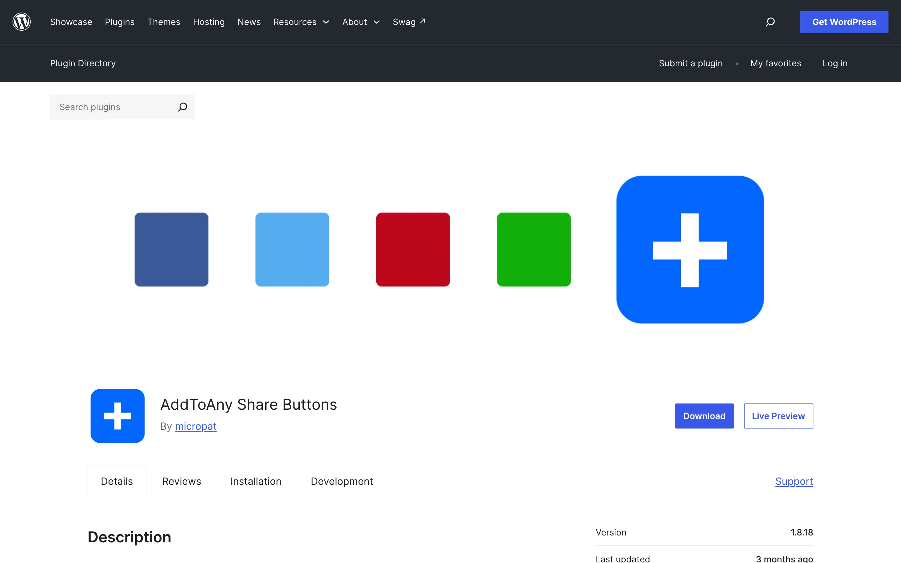 AddToAny Share Buttons plugin listing on the WordPress.org plugin directory
