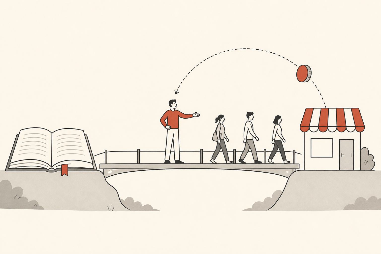 A figure guides readers across a footbridge from an open book to a small shop while a coin arcs back