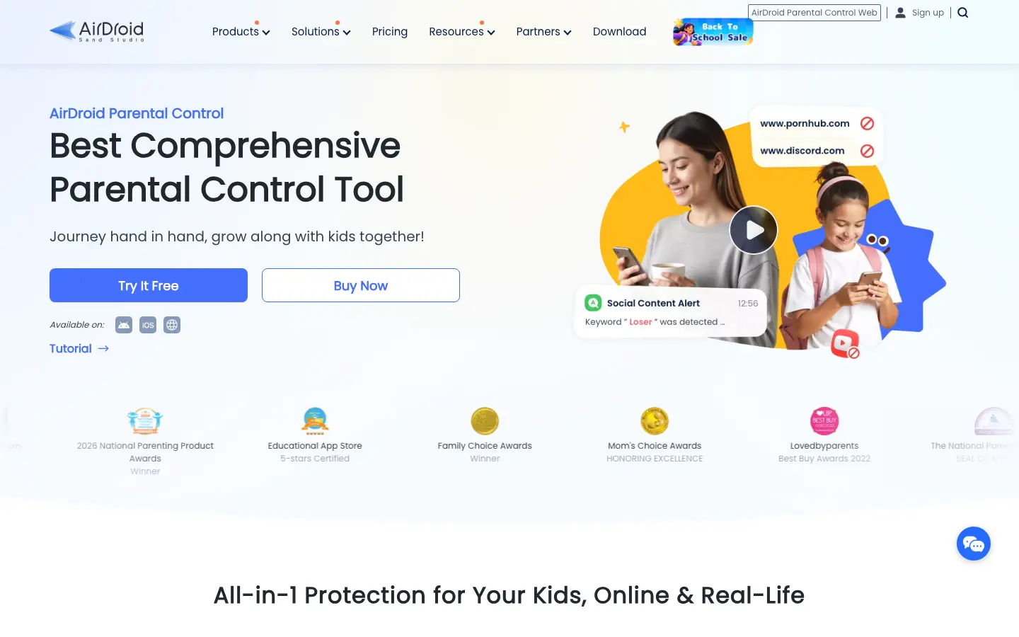 AirDroid Parental Control — Android-first parental monitoring app with social content alerts, screen time, web filtering, and location tracking