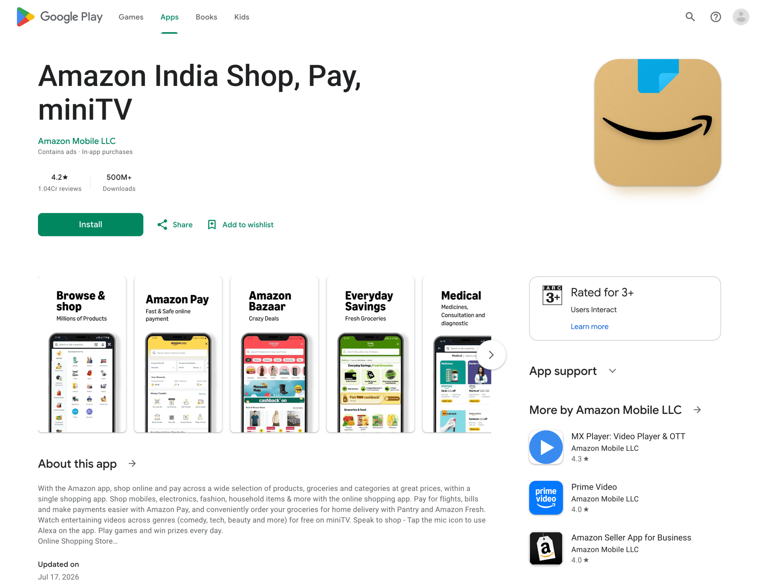 Amazon India app on Google Play, the shopping app that doubles as an affiliate tool once an Associates account is linked