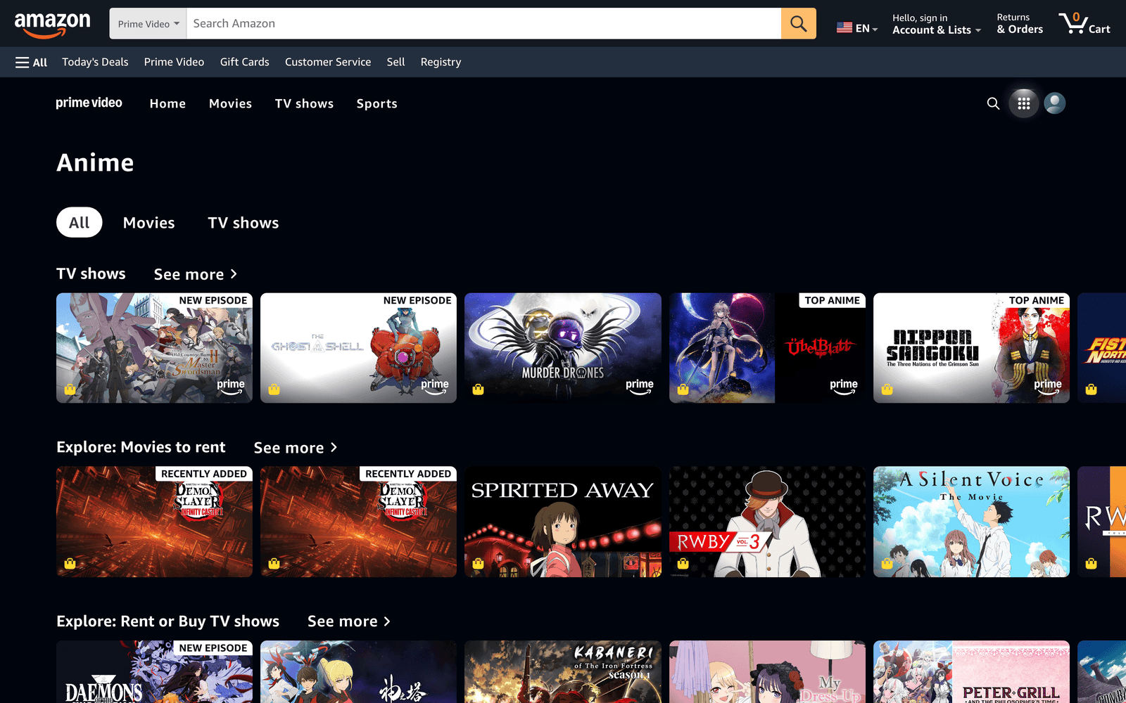 Prime Video anime page mixing included television shows with movies to rent or buy
