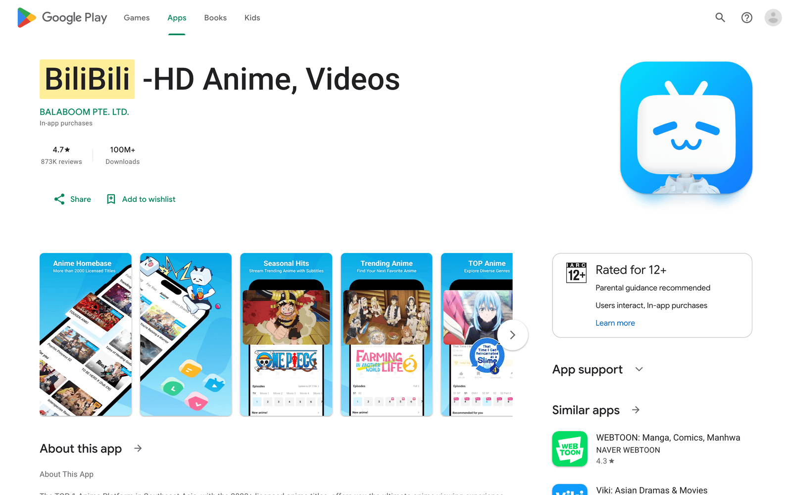 BiliBili Google Play listing with licensed anime and multilingual viewing previews