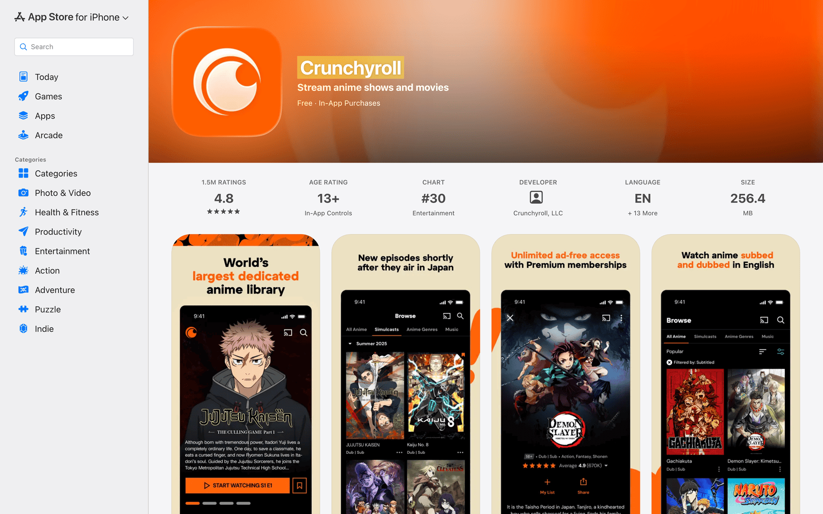 Crunchyroll App Store listing with anime library and mobile interface previews