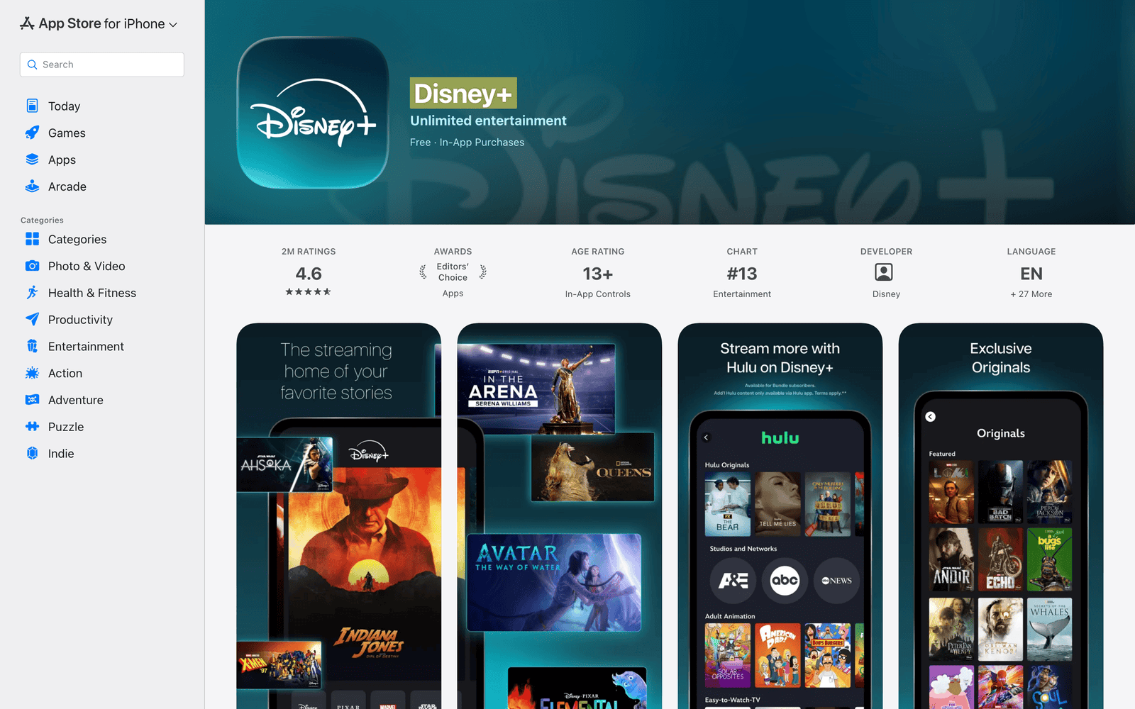 Disney Plus App Store listing with general entertainment streaming previews