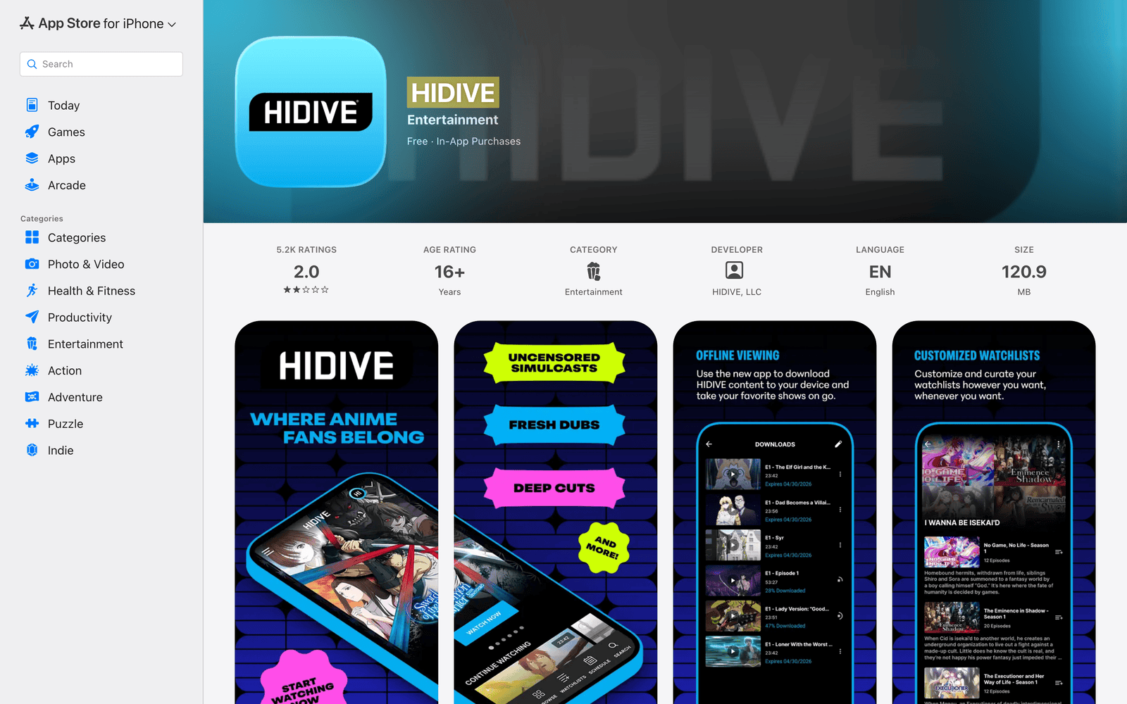 HIDIVE App Store listing with anime dubs, downloads, and watchlist previews