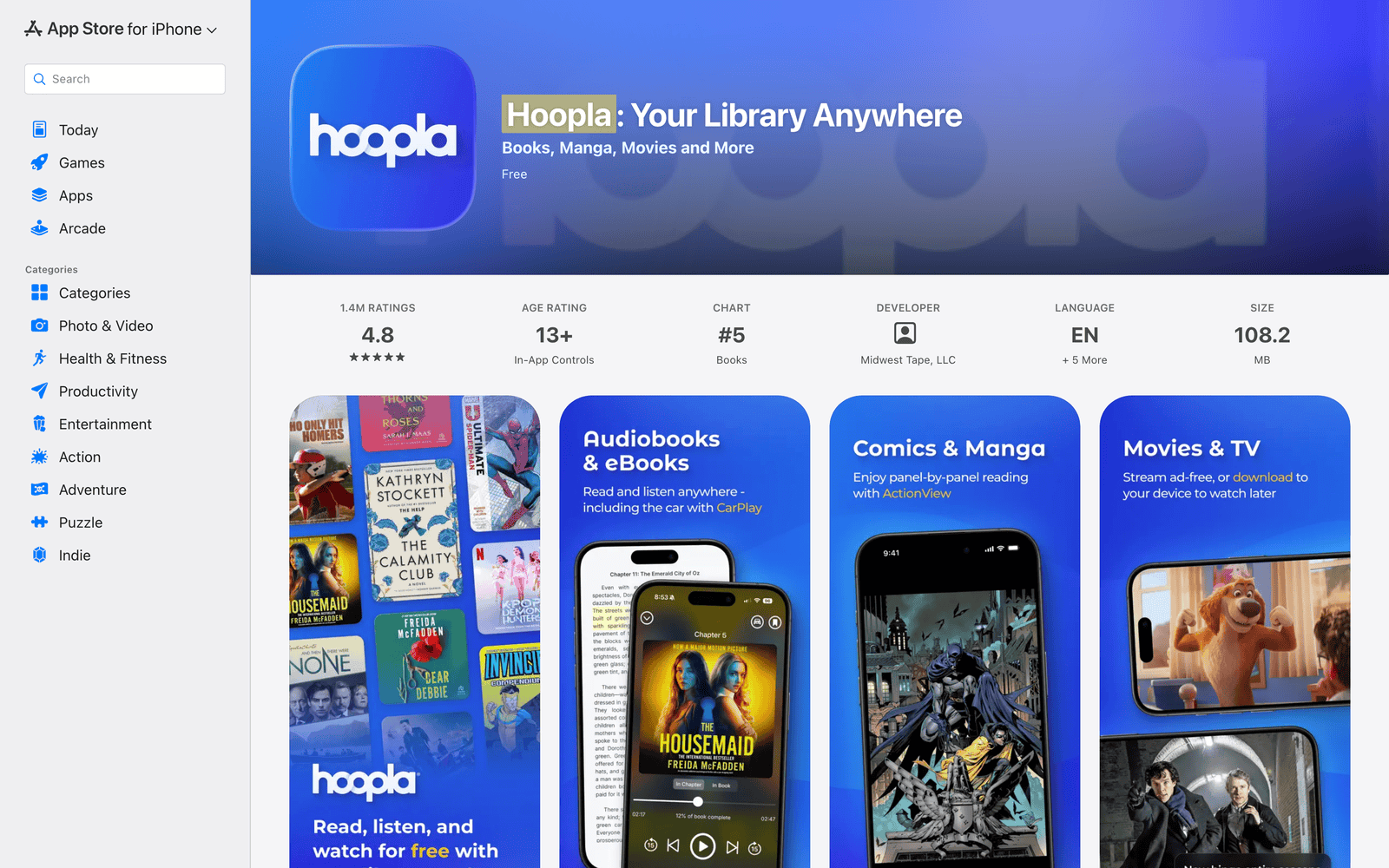 Hoopla App Store listing with manga, books, movies, and television previews