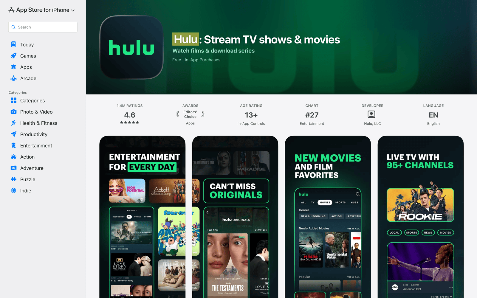 Hulu App Store listing with television and movie streaming previews
